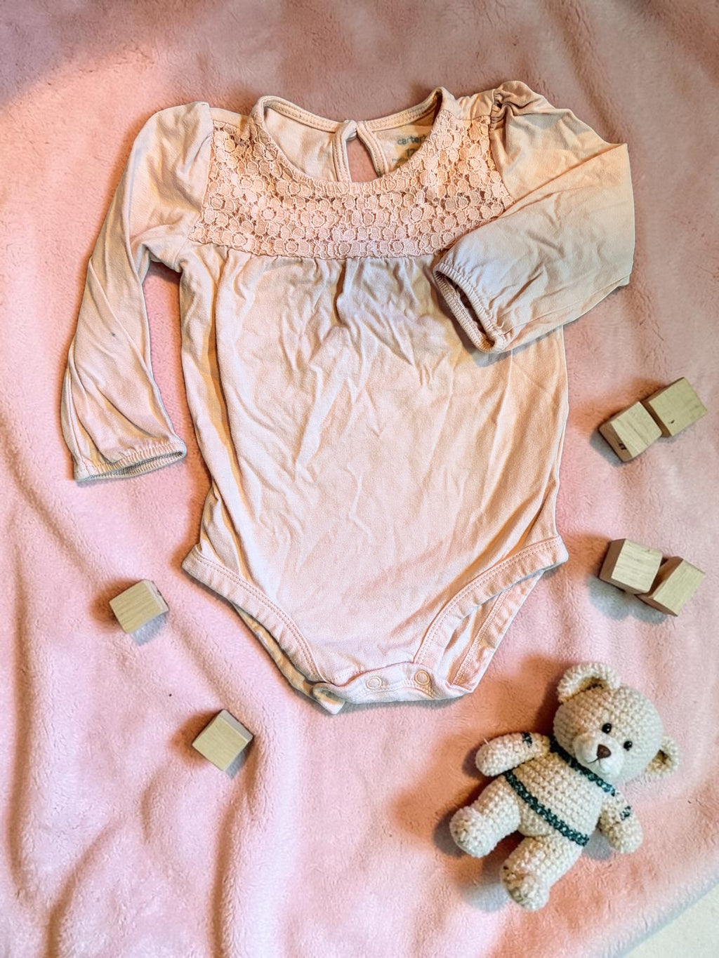 Carter's Long-Sleeve Lace Yoke Bodysuit in Pale Pink