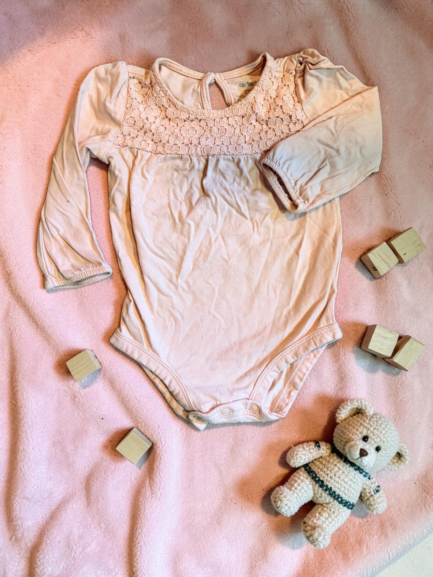 Carter's Long-Sleeve Lace Yoke Bodysuit in Pale Pink